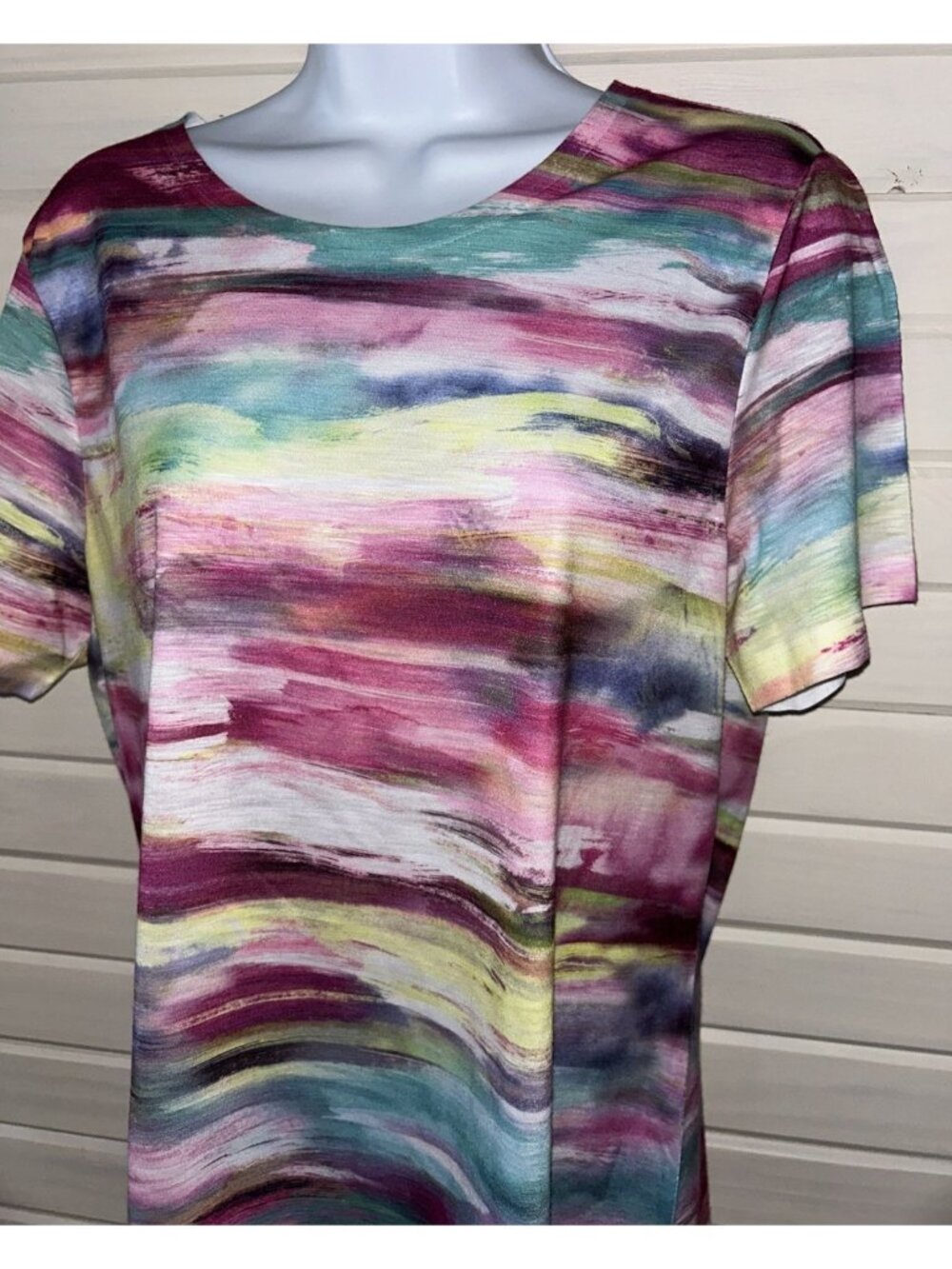 Christopher & Banks Sz MEDIUM Pink Teal Watercolor Stripe S/S Knit Top Tee EUC